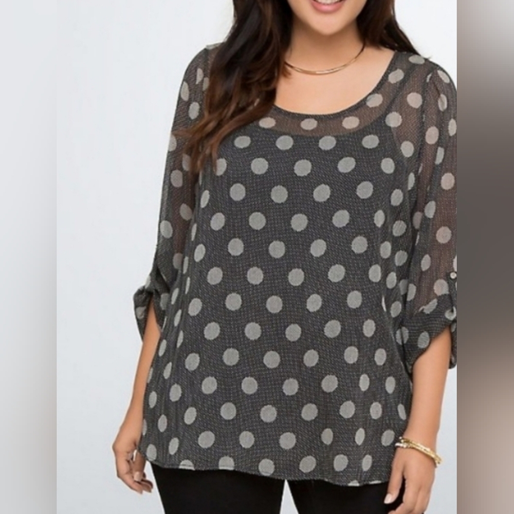 Torrid Black and White Polka Dot Semi-Sheer Open Back Blouse Size 4(4X)